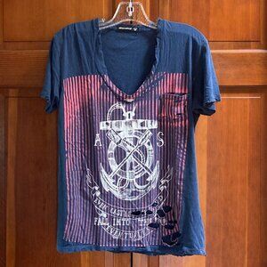 Alternative Brand - Blue Pink & White Distressed V Neck T Shirt with pocket - M